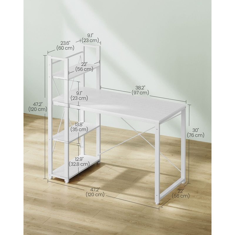 Vasagle White Computer Desk With Shelves 120cm Wide For Home Office