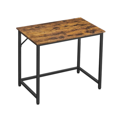 Image of a small desk for small spaces with a rustic brown tabletop and a black frame and legs. 