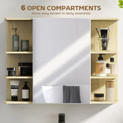 Wall Mounted Bathroom Mirror Cabinet With Open Shelves For Extra Storage, Natural Wood