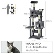 Multilevel Cat Tree Tower with Hammock Scratching Posts and Hideaway House Dark Grey