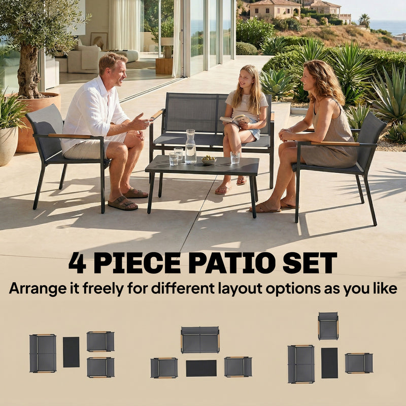 Outsunny 4 Seater Garden Furniture Set with Loveseat, Armchairs, Table, Metal Garden Sofa Set with Breathable Seats, Grey AOSOM