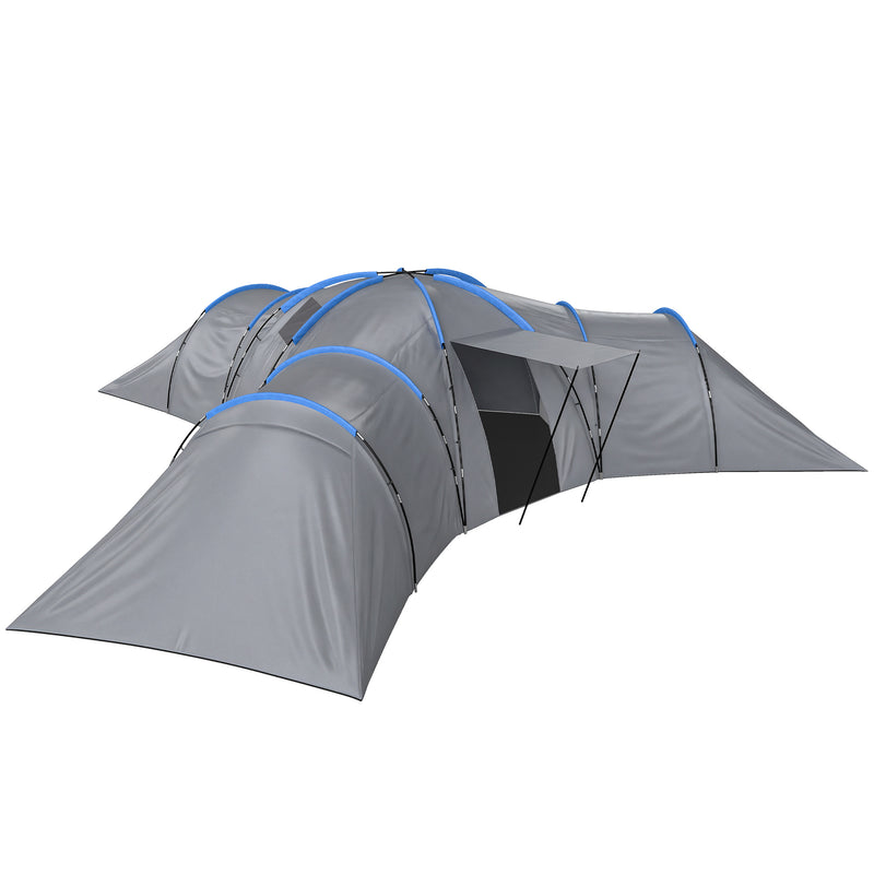 6-9 Person Tunnel Camping Tent With 3 Bedrooms, Living & Porch, Light Grey
