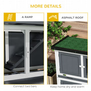 Two Tier Wooden Rabbit Hutch With Slide Out Tray For Outdoor Use, Grey