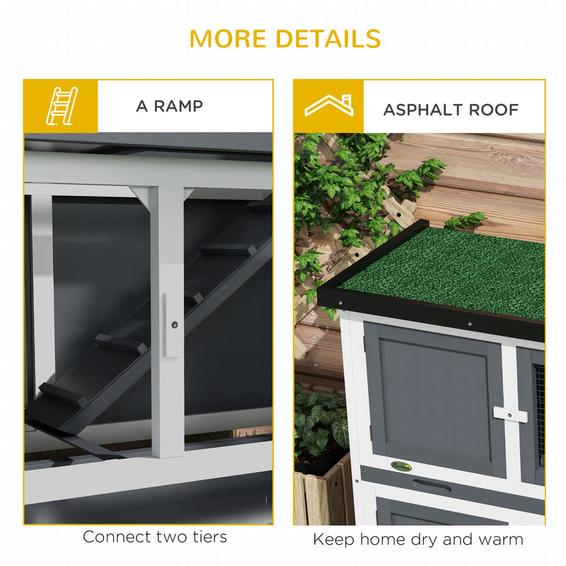Two Tier Wooden Rabbit Hutch With Slide Out Tray For Outdoor Use, Grey