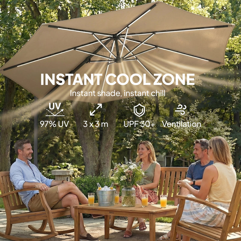 3m Cantilever Parasol With Lights For Garden or Patio - Adjustable Shade - Khaki