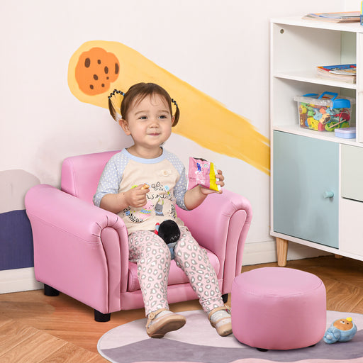 Kids Armchair with Footstool Soft Upholstered Single Seater Sofa for Toddlers, Pink