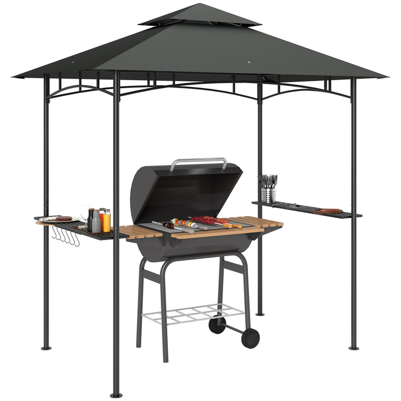 8 x 5 ft Grill Gazebo Double Tier BBQ Shelter with LED Lights Shelves and Hooks Dark Grey by Outsunny
