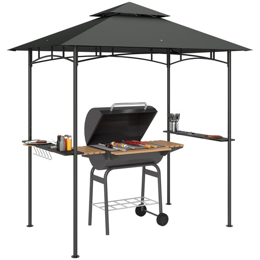 8 x 5 ft Grill Gazebo Double Tier BBQ Shelter with LED Lights Shelves and Hooks Dark Grey by Outsunny
