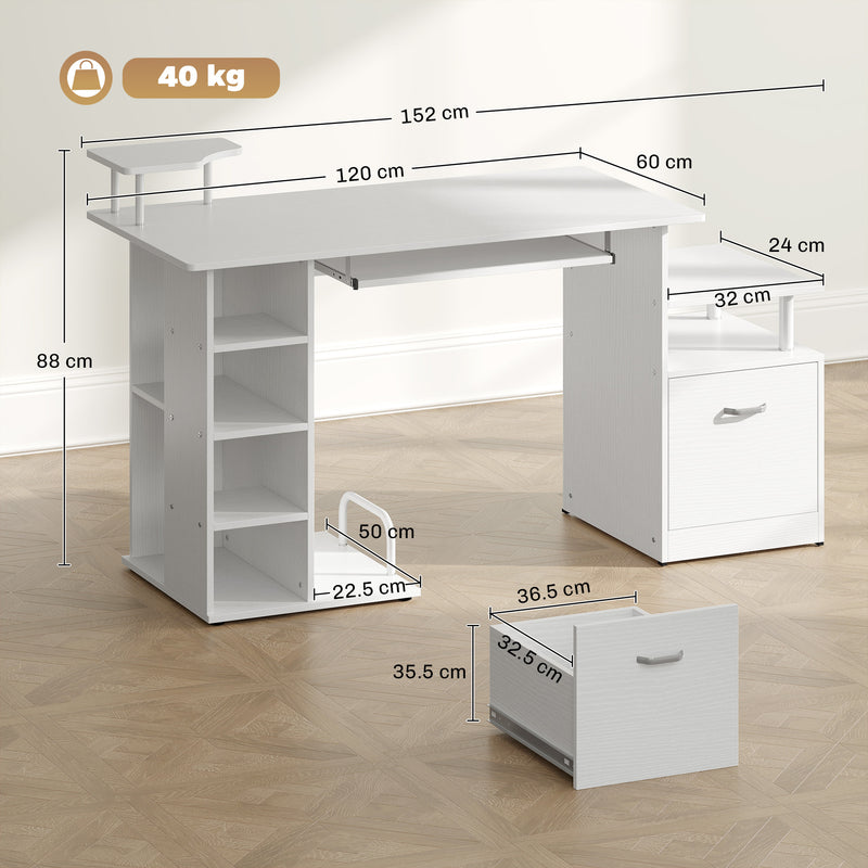 Computer Desk with Shelves and Drawer for Organised Home Workspace White Wood Effect