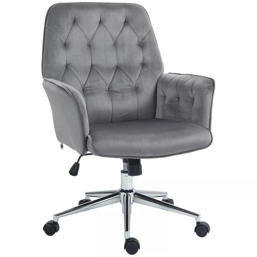 Image of a velvet grey desk chair with button tufted back and swivel wheels