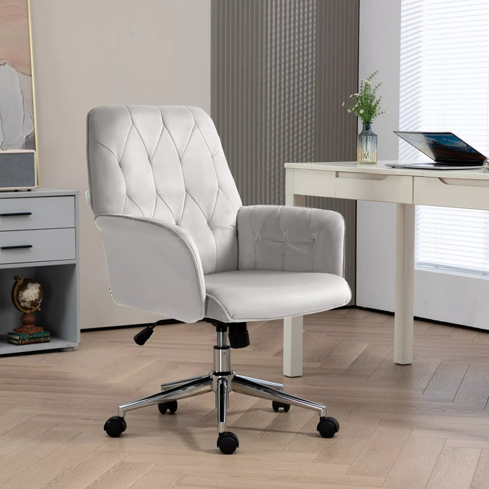 Image of a Vinsetto velvet grey office chair with wheels.