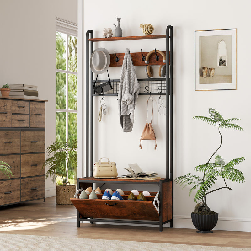 5 In 1 Industrial Style Hallway Coat Rack With Shoe Storage And Bench, Brown Black