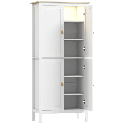 Tall Kitchen Pantry Cupboard with Adjustable Shelves and Motion Sensor Light White