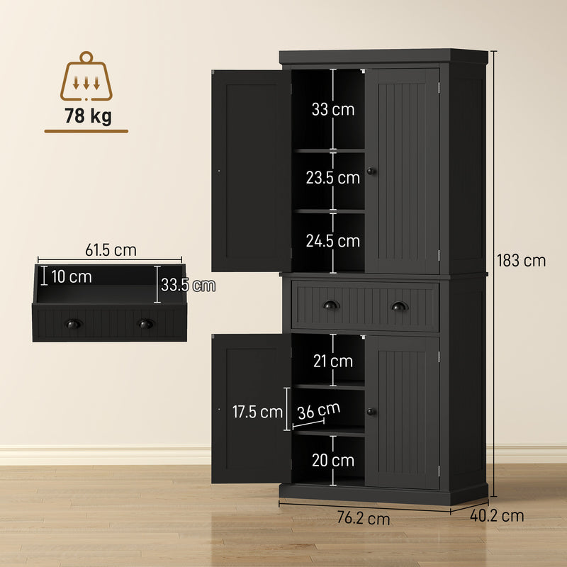 Tall Kitchen Storage Cabinet With Adjustable Shelves and Deep Cupboards Black