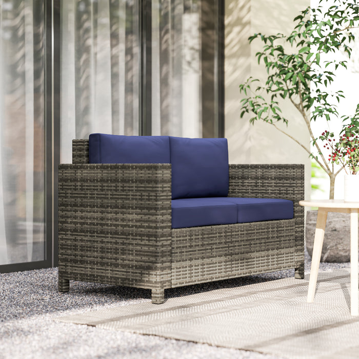 2 Seater Rattan Garden Sofa with Armrests and Cushions Navy Blue by Outsunny