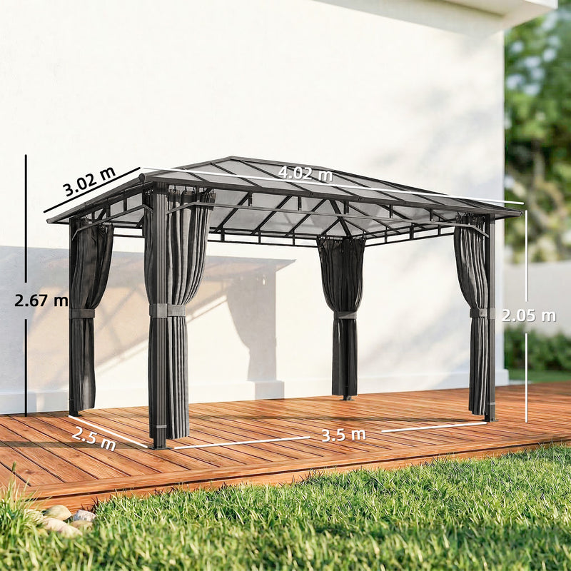 3x4m Garden Gazebo with Polycarbonate Hardtop Roof for Year Round Shelter and Privacy Dark Grey Outsunny