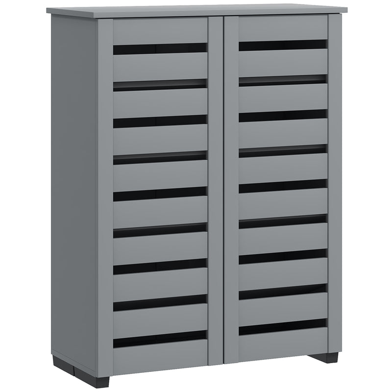 Grey Shoe Storage Cabinet For Hallway With Adjustable Shelves, Slatted Doors, Holds 15 Pairs