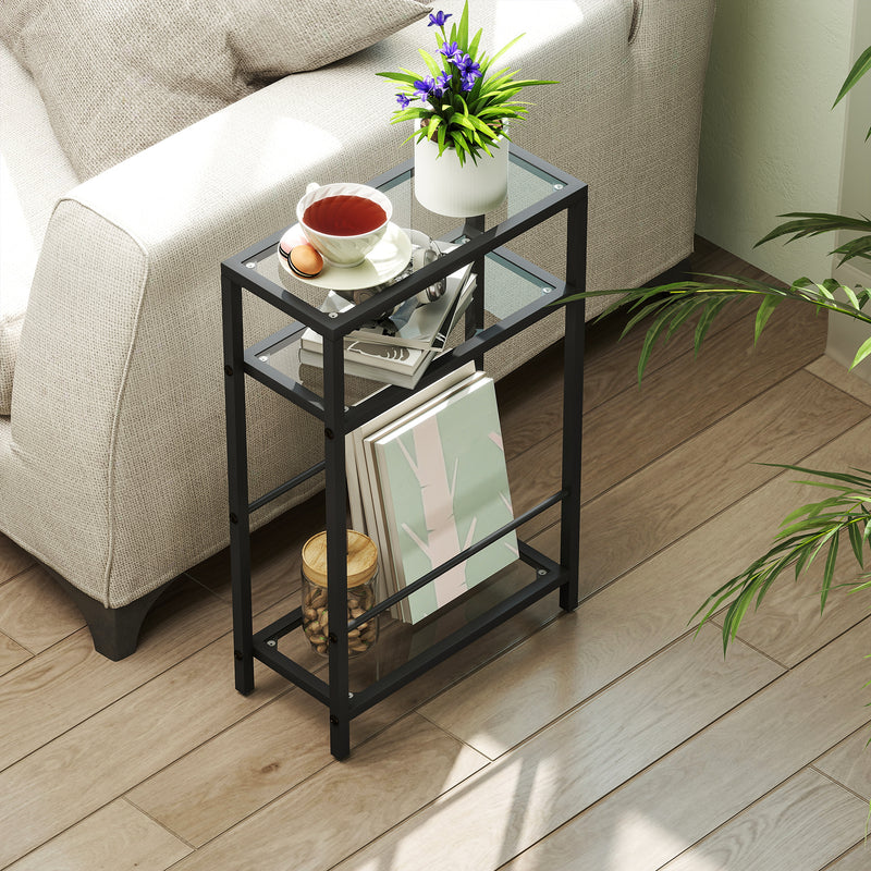 Slim Glass Side Table with Three Shelves for Small Spaces and Extra Storage Black