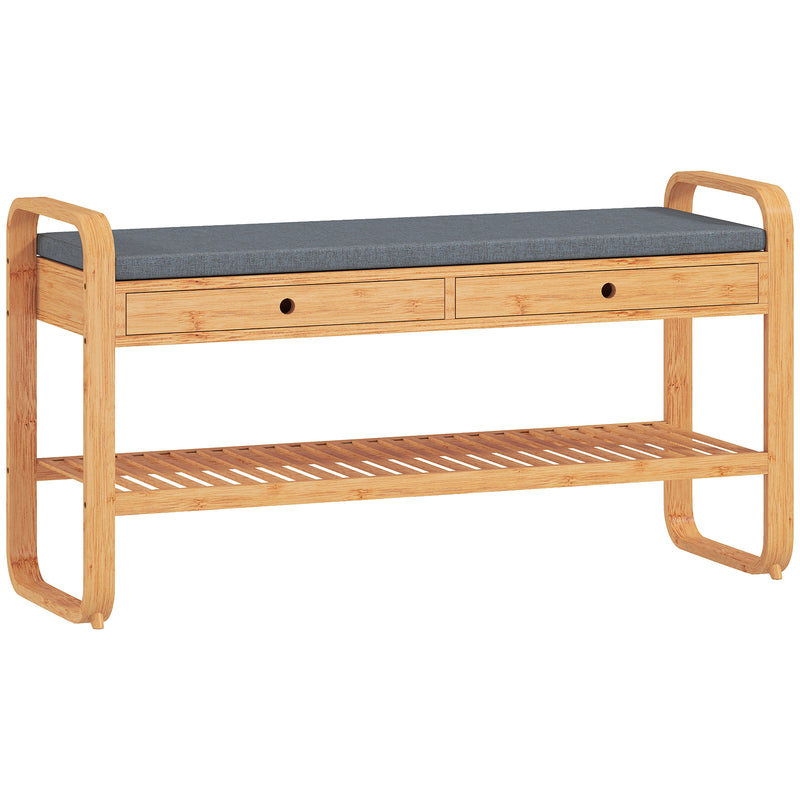 Shoe Storage Bench with Drawers and Padded Seat for Narrow Hallways Natural Bamboo Grey