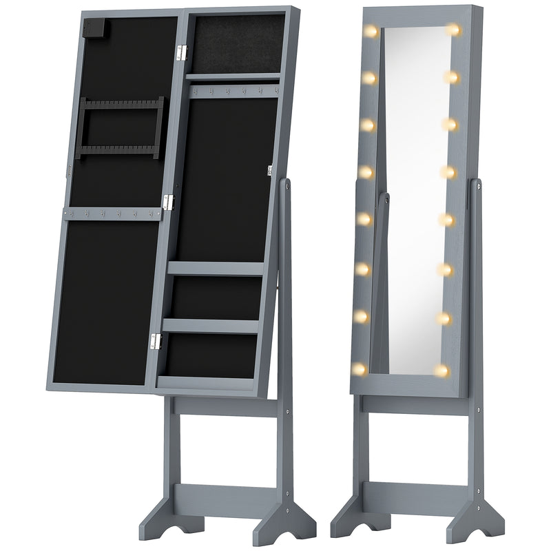 Freestanding Jewellery Cabinet With LED Lights And Full Length Mirror Storage Grey