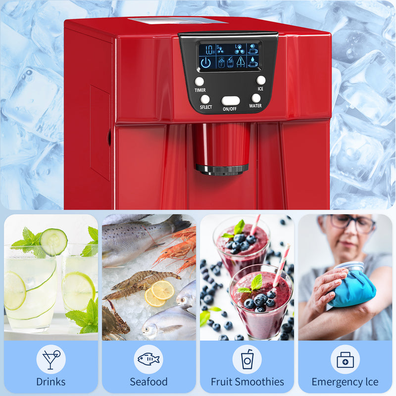 3L Ice Maker and Water Dispenser Produces 12kg Daily with Fast 9 Cube Cycles, Red
