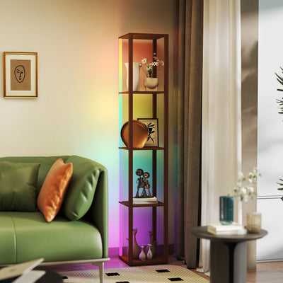 LED Floor Lamp with Shelves and Remote Control for Living Room or Bedroom, Brown