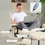 Swivel Recliner Massage Chair with Footstool and Remote Control for Home Comfort, Cream White