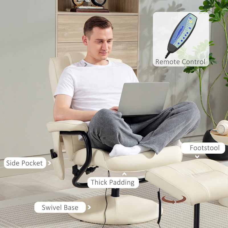 Swivel Recliner Massage Chair with Footstool and Remote Control for Home Comfort, Cream White
