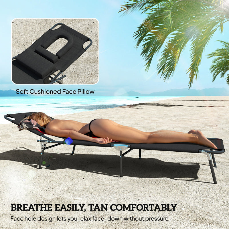 Set of 2 Black Folding Sun Loungers with Face Hole and Adjustable Backrest for Garden