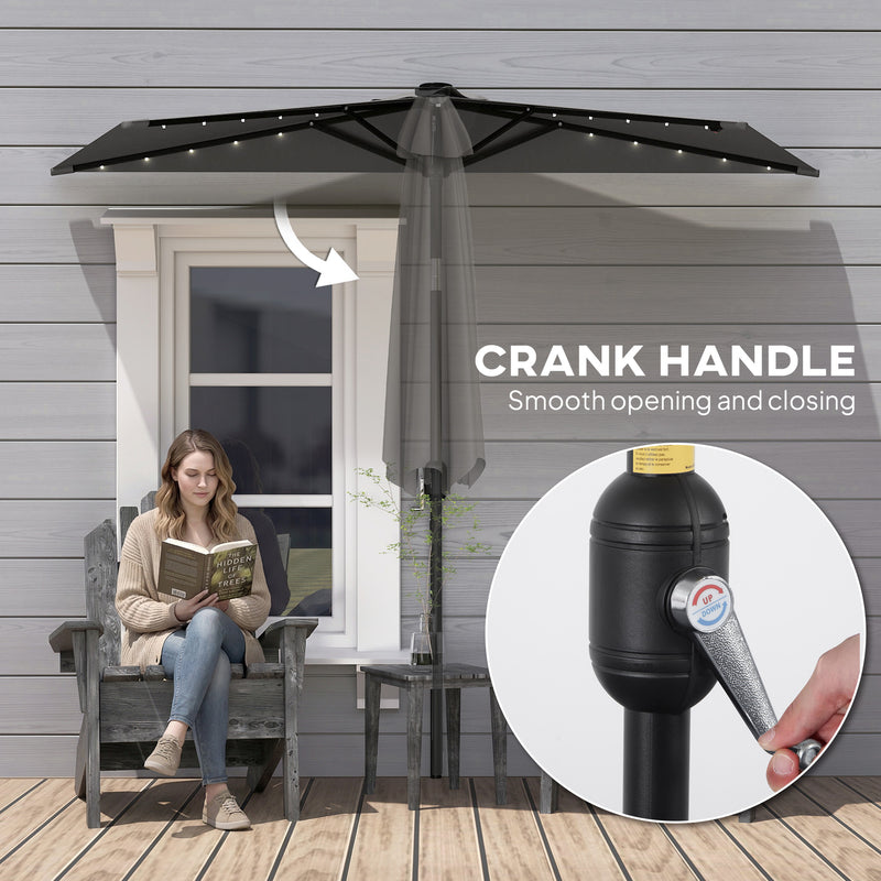 Half Garden Parasol With Solar Lights for Balcony or Small Patio with Adjustable Shade, Dark Grey