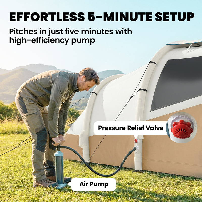 Inflatable Two Room Camping Tent for Quick Five Minute Setup Waterproof for 2 to 3 People Khaki Beige