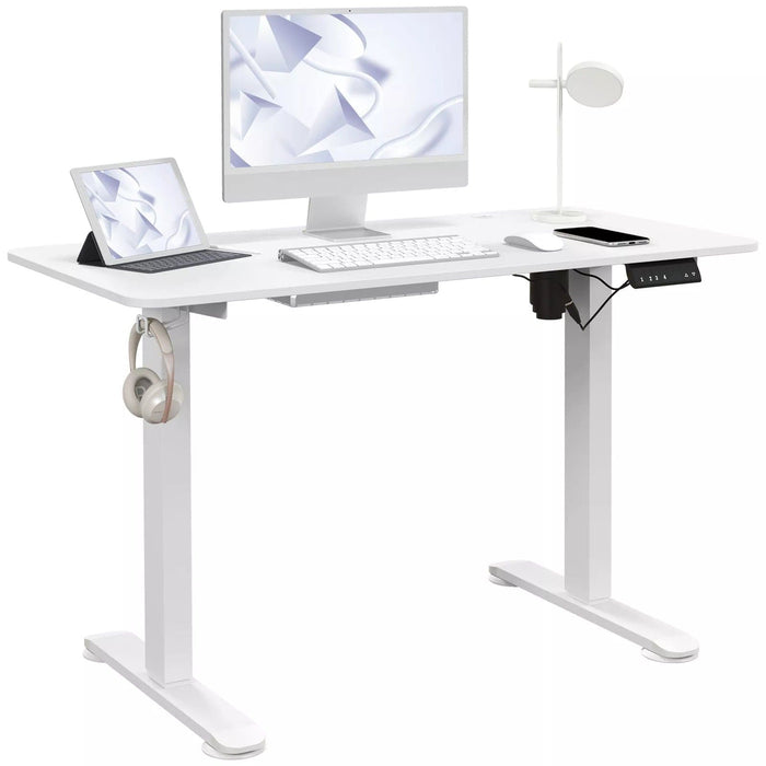 Image of a Vinsetto Height Adjustable Office Desk With a White Tabletop and White Metal Frame and Legs