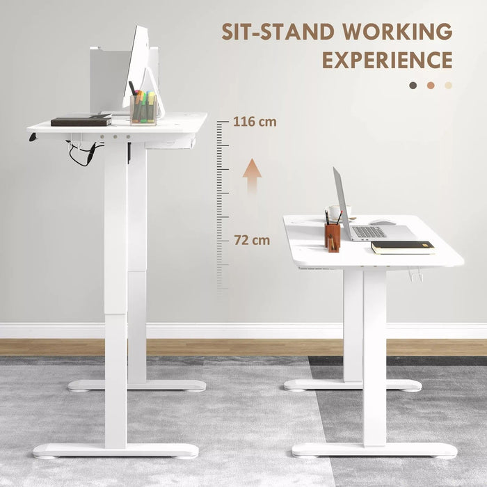 Image of a Vinsetto Height Adjustable Office Desk With a White Tabletop and White Metal Frame and Legs