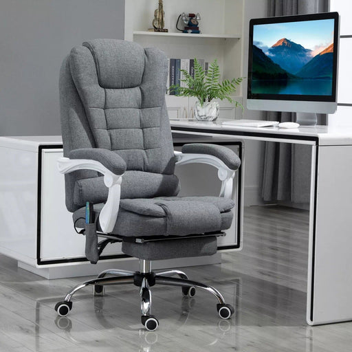 Image of a Light Grey Linen Vinsetto 6 Point Heated Massage Office Chair With Footrest, Swivel Wheels, Reclining Backrest, Padded Arms. Suitable For Home Office and Office