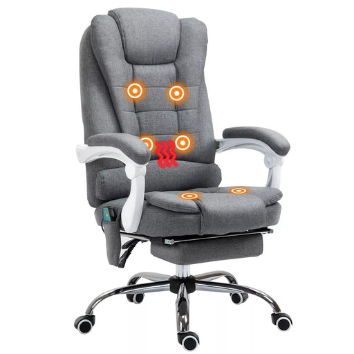 Image of a Light Grey Linen Vinsetto 6 Point Heated Massage Office Chair With Footrest, Swivel Wheels, Reclining Backrest, Padded Arms. Suitable For Home Office and Office