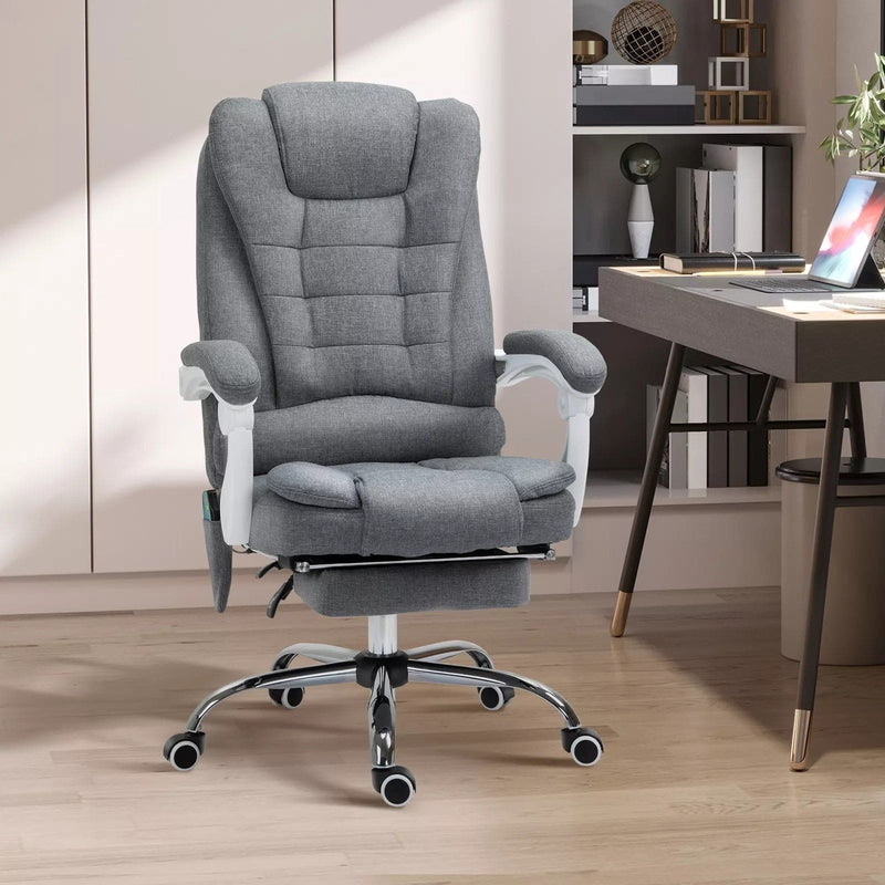 Image of a Light Grey Linen Vinsetto 6 Point Heated Massage Office Chair With Footrest, Swivel Wheels, Reclining Backrest, Padded Arms. Suitable For Home Office and Office