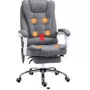 Image of a Light Grey Linen Vinsetto 6 Point Heated Massage Office Chair With Footrest, Swivel Wheels, Reclining Backrest, Padded Arms. Suitable For Home Office and Office