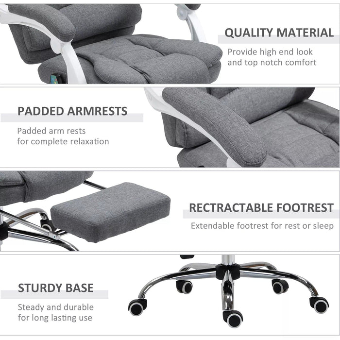 Image of a Light Grey Linen Vinsetto 6 Point Heated Massage Office Chair With Footrest, Swivel Wheels, Reclining Backrest, Padded Arms. Suitable For Home Office and Office