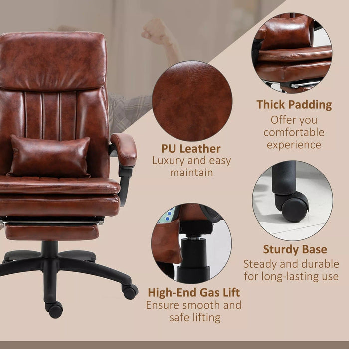 Image of a Vintage Brown PU Leather Executive Office Chair With Footrest, 7 Point Massage, Heating, Swivel Wheels, Padded Arms, Reclining Backrest For Home Office.