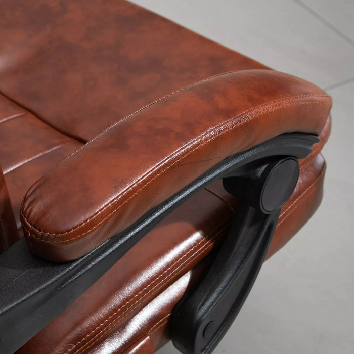 Image of a Vintage Brown PU Leather Executive Office Chair With Footrest, 7 Point Massage, Heating, Swivel Wheels, Padded Arms, Reclining Backrest For Home Office.