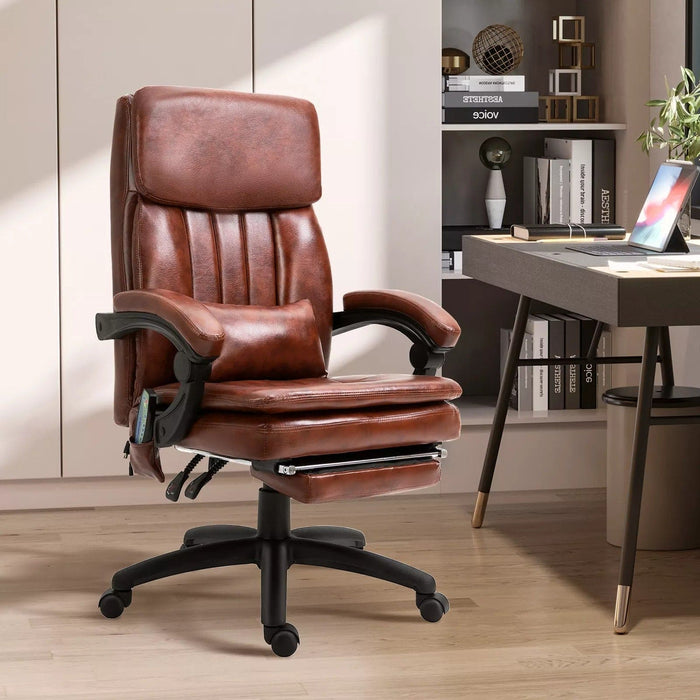 Image of a Vintage Brown PU Leather Executive Office Chair With Footrest, 7 Point Massage, Heating, Swivel Wheels, Padded Arms, Reclining Backrest For Home Office.