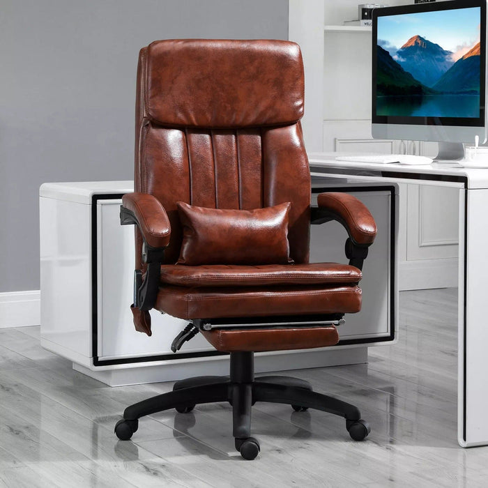 Image of a Vintage Brown PU Leather Executive Office Chair With Footrest, 7 Point Massage, Heating, Swivel Wheels, Padded Arms, Reclining Backrest For Home Office.