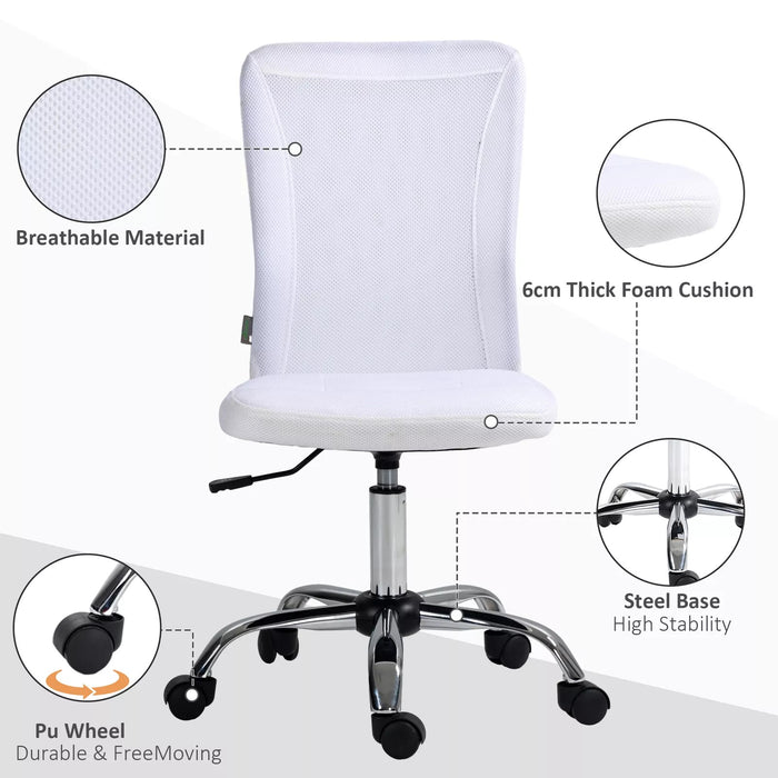 Image of a White Vinsetto Armless Desk Chair With Wheels For Home Office.