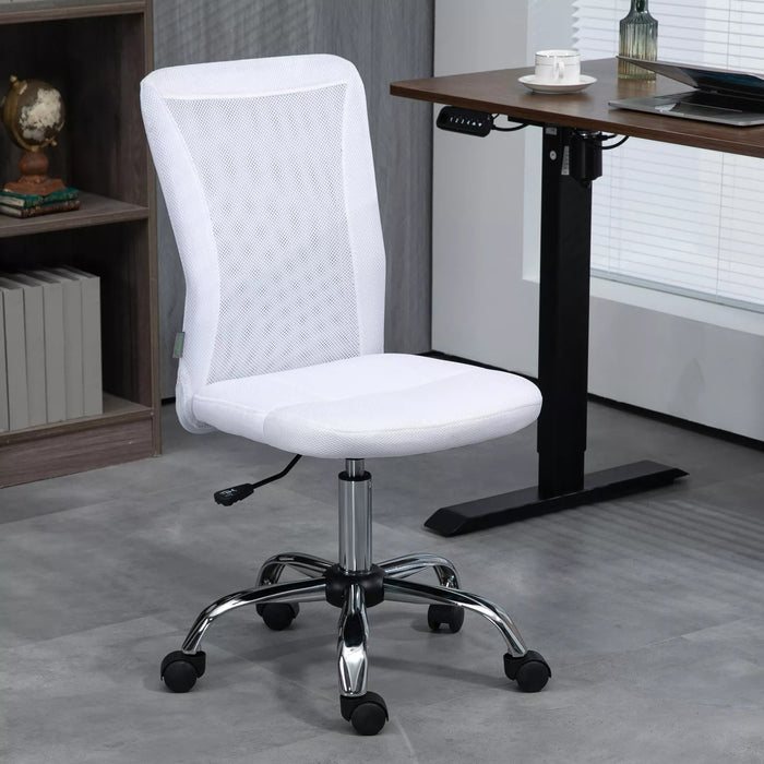 Image of a White Vinsetto Armless Desk Chair With Wheels For Home Office.