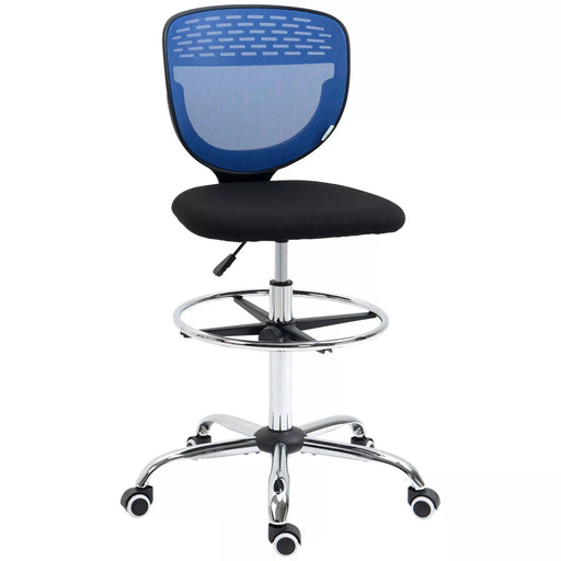 Image of a blue and black Vinsetto Armless Drafting Chair With Wheels For Home Office Ideal for Standing Desks.