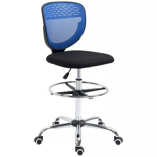 Image of a blue and black Vinsetto Armless Drafting Chair With Wheels For Home Office Ideal for Standing Desks.