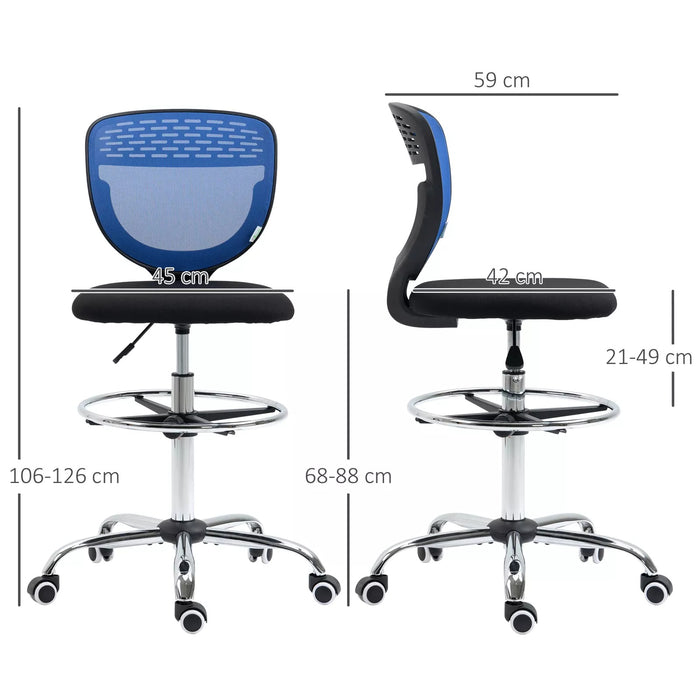 Image of a blue and black Vinsetto Armless Drafting Chair With Wheels For Home Office Ideal for Standing Desks.