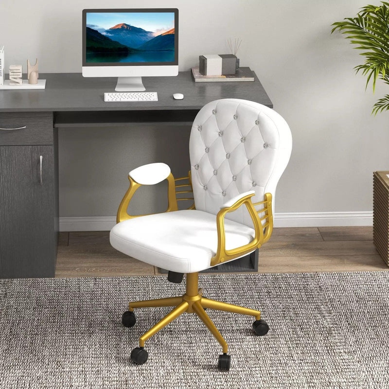 Image of a fabulous white tufted velvet office chair with gold arms and swivel wheels, padded armrests, adjustable height and reclining feature. Perfect for those who love a bit a of glam.