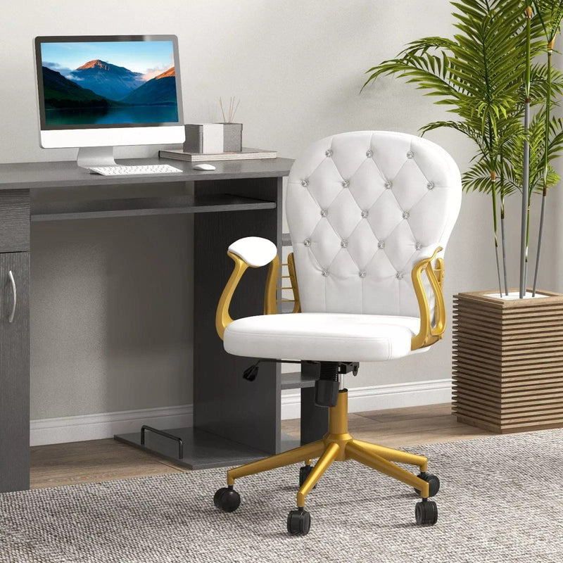 Image of a fabulous white tufted velvet office chair with gold arms and swivel wheels, padded armrests, adjustable height and reclining feature. Perfect for those who love a bit a of glam.