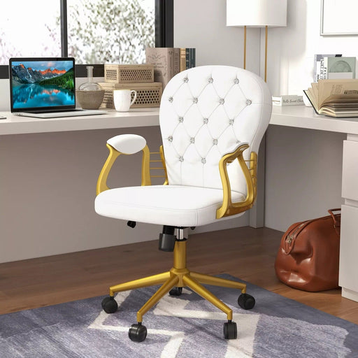 Image of a fabulous white tufted velvet office chair with gold arms and swivel wheels, padded armrests, adjustable height and reclining feature. Perfect for those who love a bit a of glam.